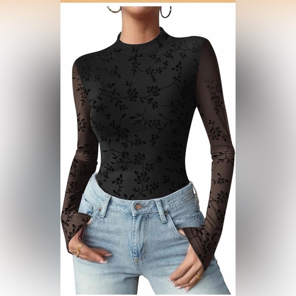 None Tops - 🆕Elegant Floral Mesh Sleeve Top